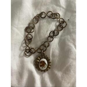 Vintage Brass Infinity Link Bracelet White Ceramic Brown Flower Charm